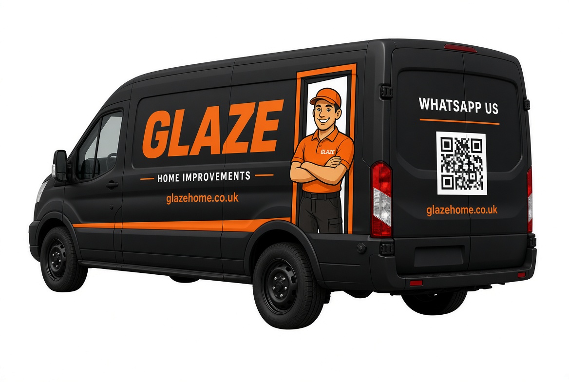 Glaze Home Improvements van with glazehome.co.uk and WhatsApp QR code