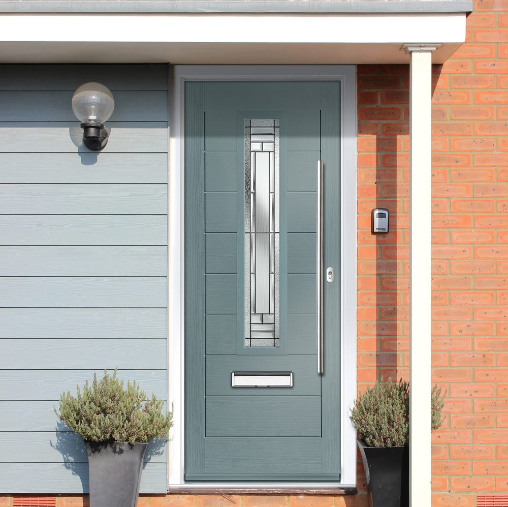 Blue-grey composite door with long handle