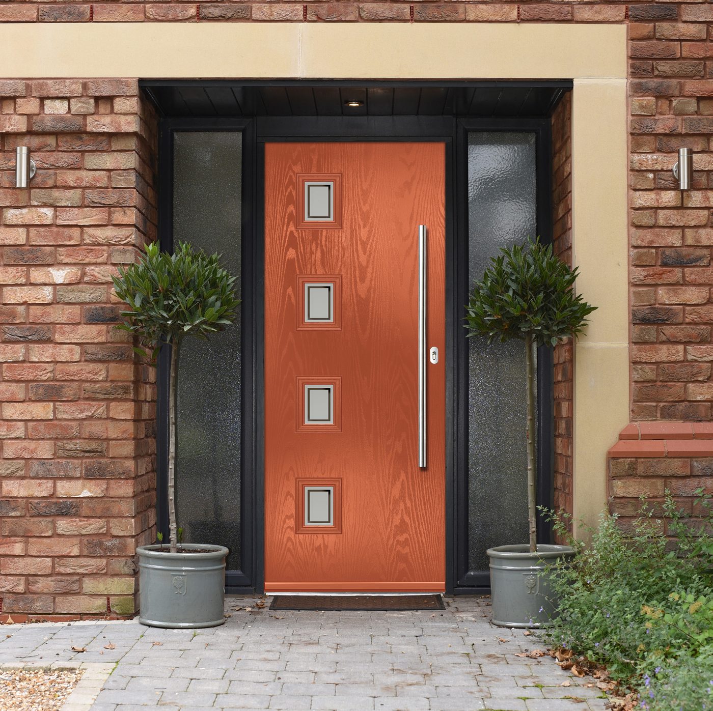 Orange composite door with black side panels